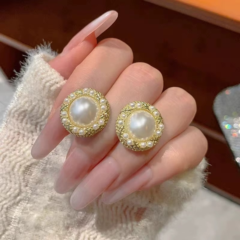 Pearl Stud Earrings, Round Gold-Tone Setting with Mini Pearl Accents