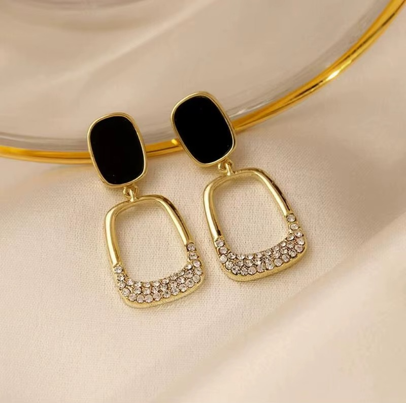 Ethonica Gold-Tone Drop Earrings with Black Enamel Stud Top