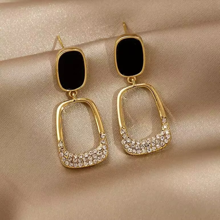 Ethonica Gold-Tone Drop Earrings with Black Enamel Stud Top