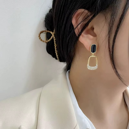Ethonica Gold-Tone Drop Earrings with Black Enamel Stud Top