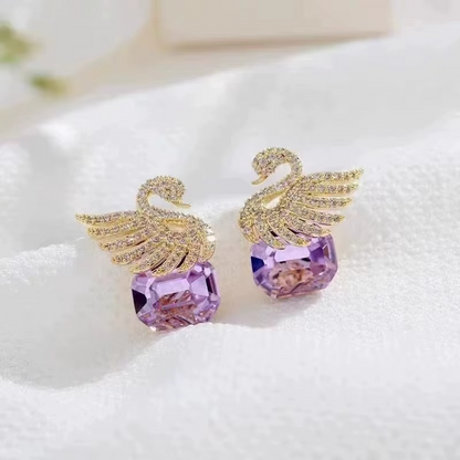 Ethonica Swan Stud Earrings with Purple Crystal Gemstone, Gold-Tone Pavé Rhinestone Wings.