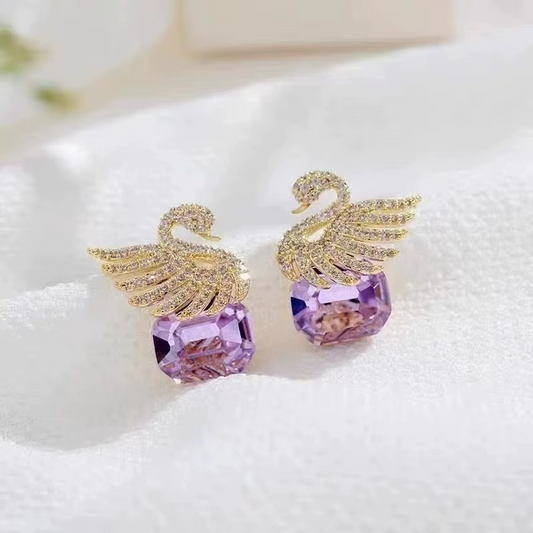 Ethonica Swan Stud Earrings with Purple Crystal Gemstone, Gold-Tone Pavé Rhinestone Wings.