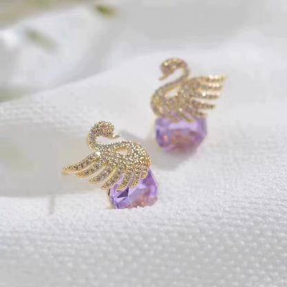 Ethonica Swan Stud Earrings with Purple Crystal Gemstone, Gold-Tone Pavé Rhinestone Wings.