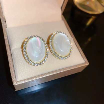 Ethonica Oval Mother of Pearl Stud Earrings with Crystal Rhinestone Halo, Gold-Tone Setting