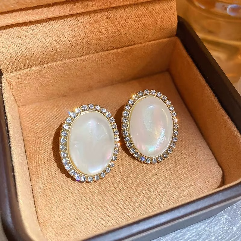 Ethonica Oval Mother of Pearl Stud Earrings with Crystal Rhinestone Halo, Gold-Tone Setting