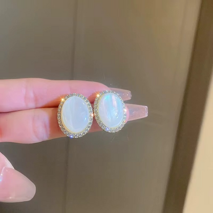 Ethonica Oval Mother of Pearl Stud Earrings with Crystal Rhinestone Halo, Gold-Tone Setting