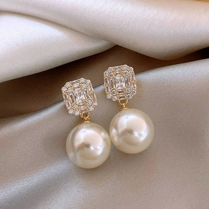 Pearl Earrings with Crystal Cubic Zirconia Square Stud Top