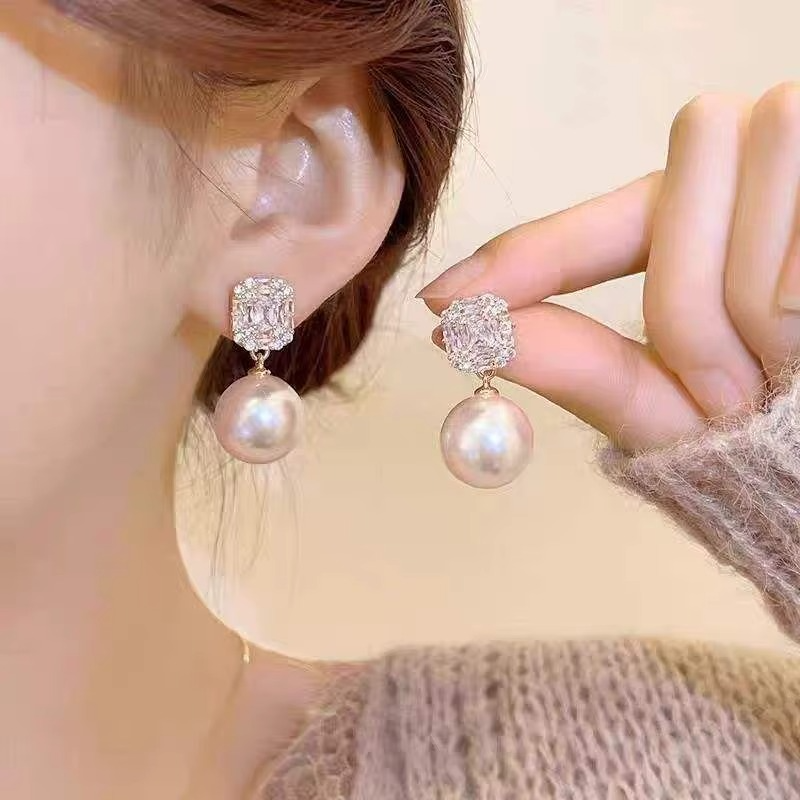 Pearl Earrings with Crystal Cubic Zirconia Square Stud Top