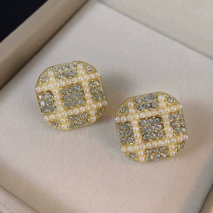 Gold-Tone Crystal and Pearl Embellished Stud Earrings