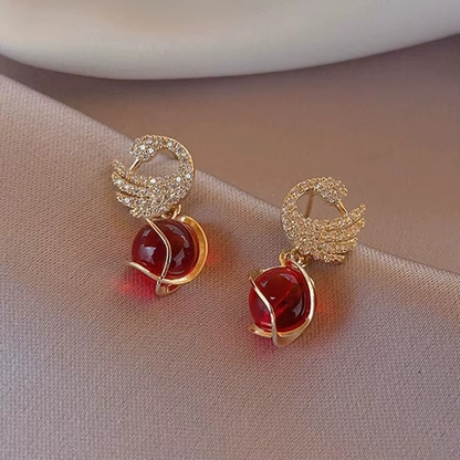 Red Simulated Pearl Drop, Crystal Swan Design