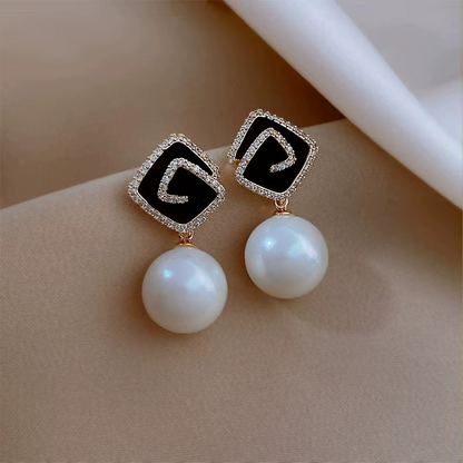 Ethonica Pearl Earrings with Black Enamel Square Top