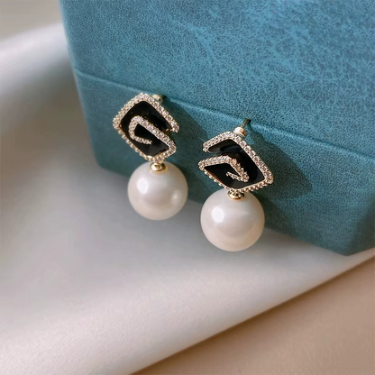 Ethonica Pearl Earrings with Black Enamel Square Top