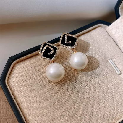 Ethonica Pearl Earrings with Black Enamel Square Top