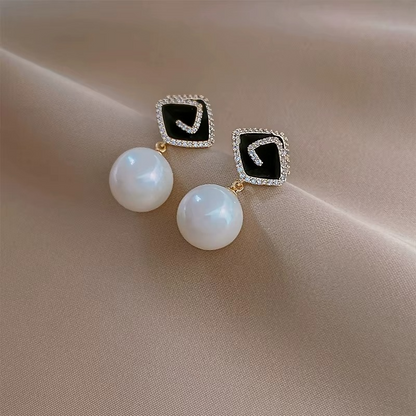 Ethonica Pearl Earrings with Black Enamel Square Top