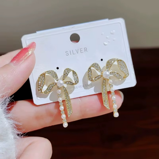 Ethonica Crystal Rhinestone Bow Earring with Pearl Accent