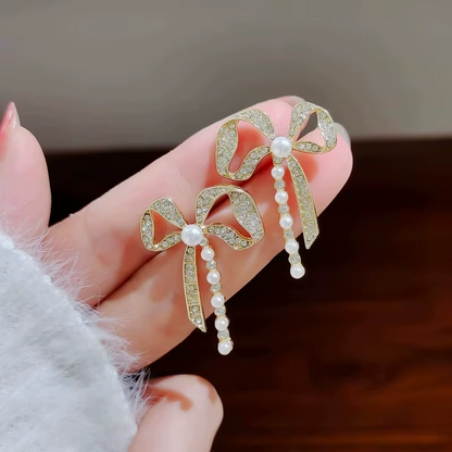 Ethonica Crystal Rhinestone Bow Earring with Pearl Accent