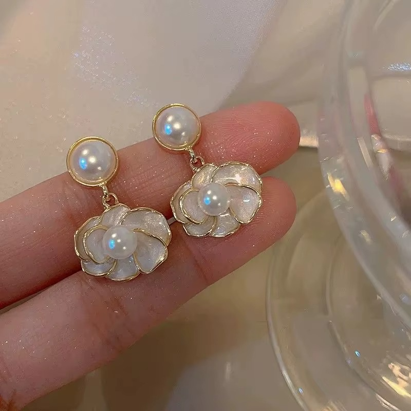 White Camellia Flower Pendant with Gold-Tone Accents