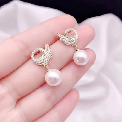 Pearl Drop Earring, Gold-Tone Wing Design with Crystal