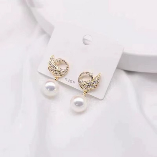 Pearl Drop Earring, Gold-Tone Wing Design with Crystal