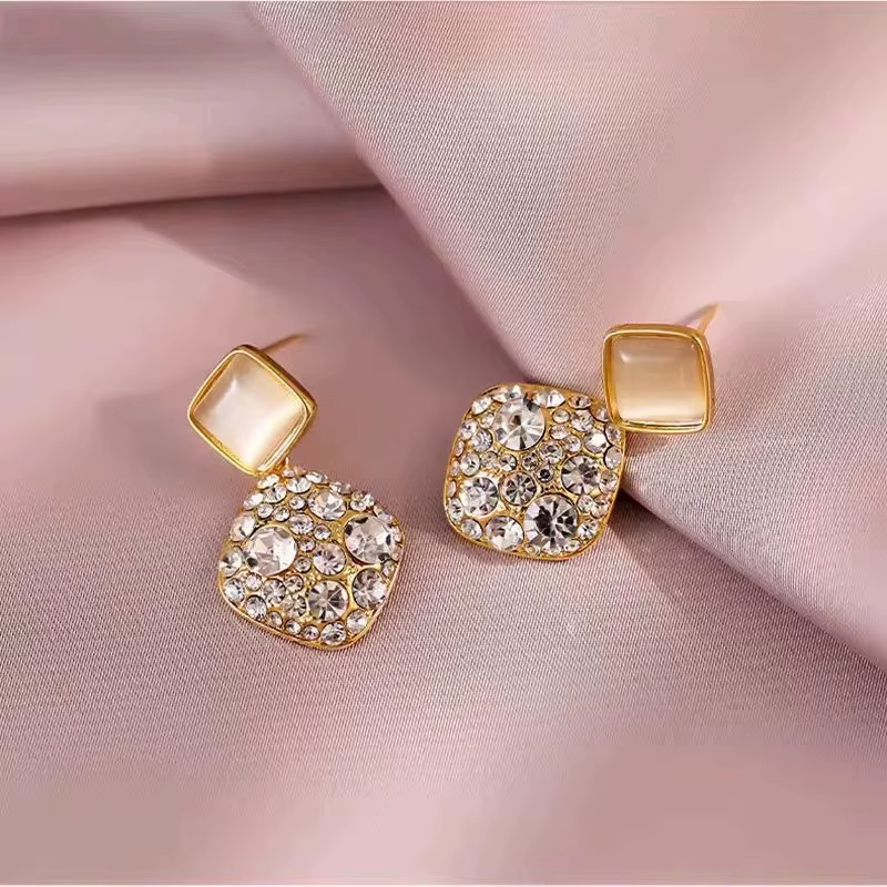 Gold-Tone Rhinestone Square Drop Earring