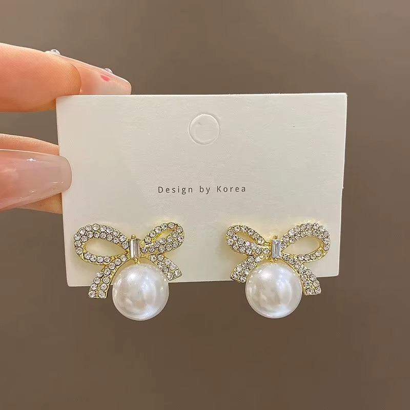 Crystal Rhinestone Bow Stud Earring with Pearl Drop