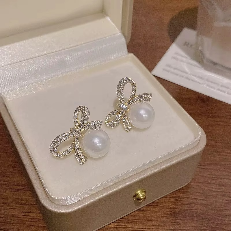Crystal Rhinestone Bow Stud Earring with Pearl Drop