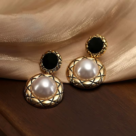 Vintage Gold-Tone Pearl Drop Earrings with Black Enamel Stud, Round Quilted Design, Elegant Statement Jewellery