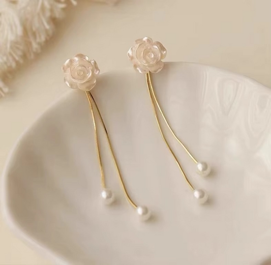Ethonica Rose Flower Stud Drop Earring, Gold Plated with Simulated Pearl