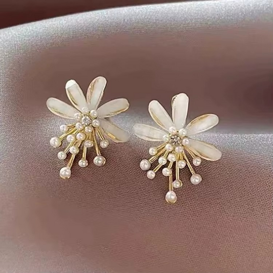 Ethonica Floral Stud Earring with Simulated Pearl Accents