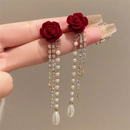 Red Velvet Rose Tassel Drop Earrings with Pearl
