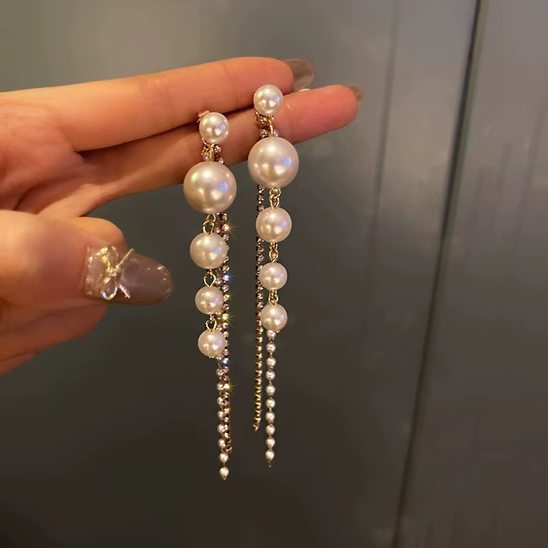 Long Pearl Earrings with Crystal Tassel Chain