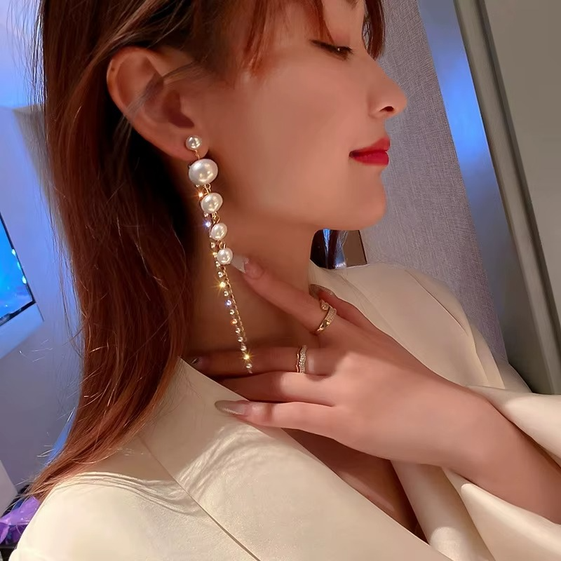 Long Pearl Earrings with Crystal Tassel Chain