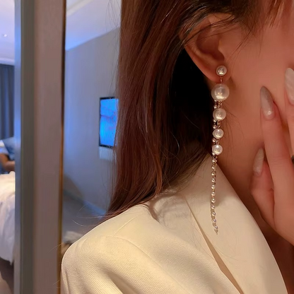 Long Pearl Earrings with Crystal Tassel Chain