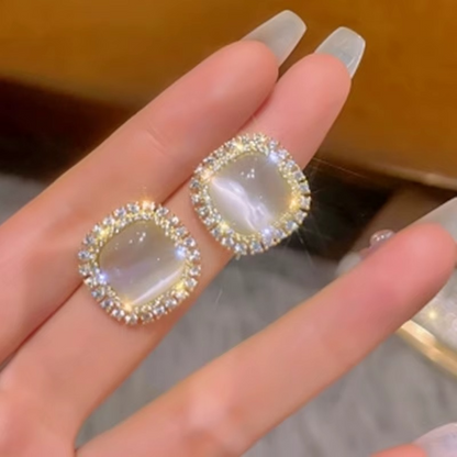 Square Opal Stone Stud Earring with Crystal Rhinestone Halo, Gold-Tone, Elegant Style