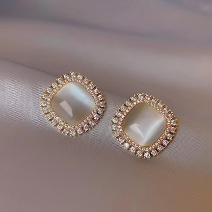 Square Opal Stone Stud Earring with Crystal Rhinestone Halo, Gold-Tone, Elegant Style