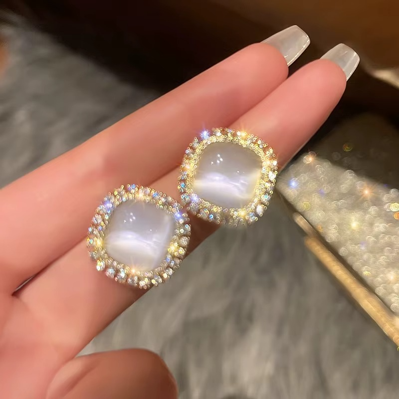 Square Opal Stone Stud Earring with Crystal Rhinestone Halo, Gold-Tone, Elegant Style