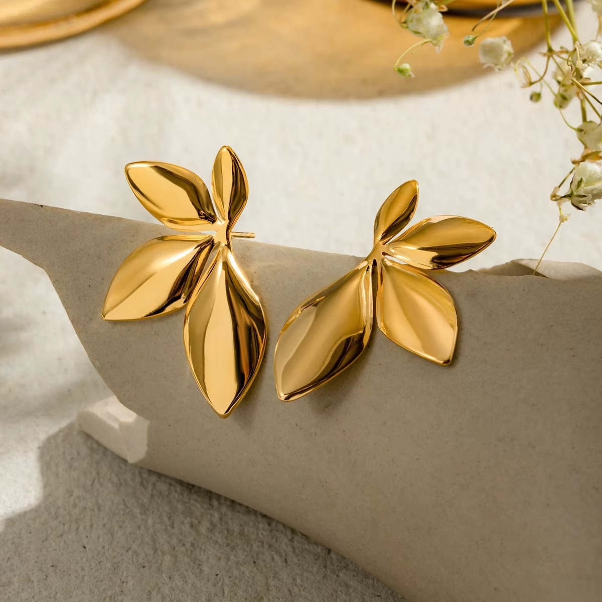 Gold-Toned Floral Leaf Stud Earrings
