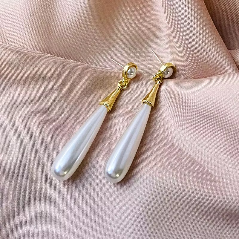 Pearl Drop Dangle Earrings, White Teardrop Pearl
