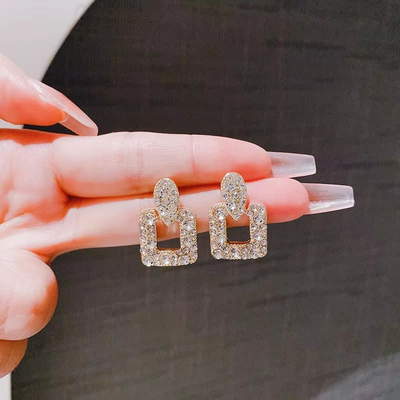 Crystal Rhinestone Hollow Square Drop Earrings