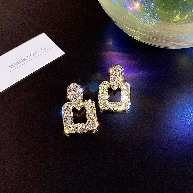 Crystal Rhinestone Hollow Square Drop Earrings