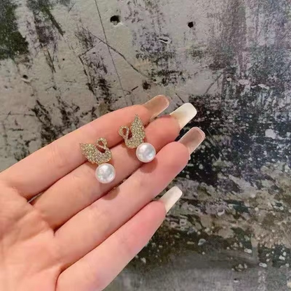 Crystal Swan Drop Earrings with Pearl