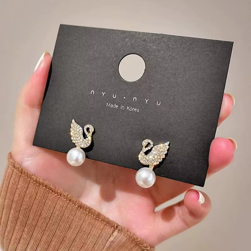 Crystal Swan Drop Earrings with Pearl
