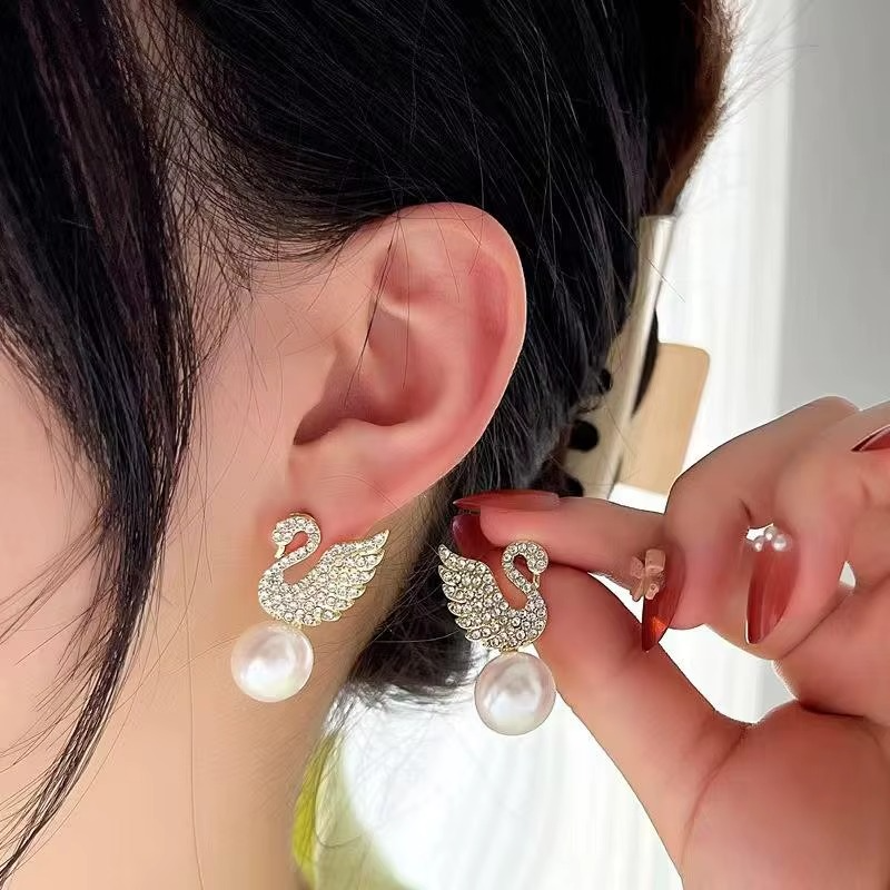 Crystal Swan Drop Earrings with Pearl