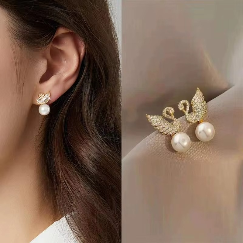 Crystal Swan Drop Earrings with Pearl