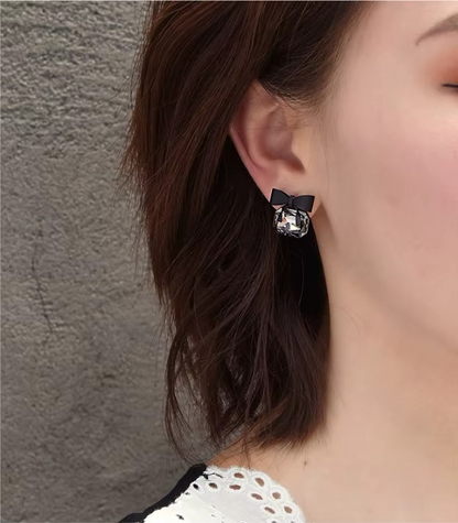 Ethonica Bow Stud Earrings, Black Crystal with Bow Design