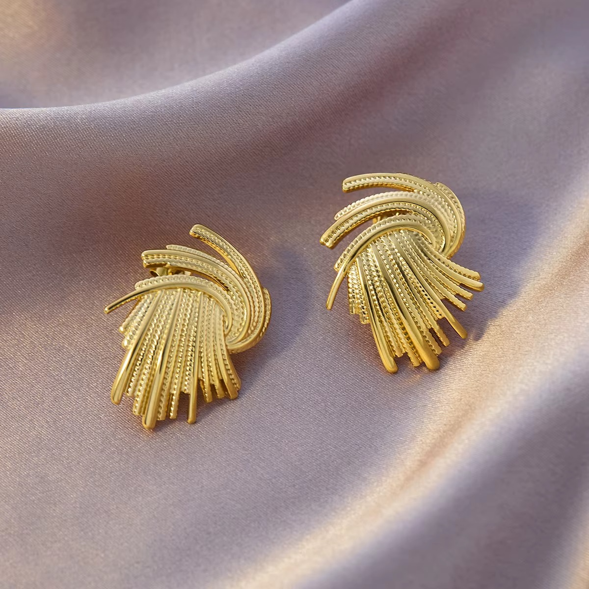 Gold-Tone Swirl Tassel Stud Earrings, Statement Fashion Jewellery