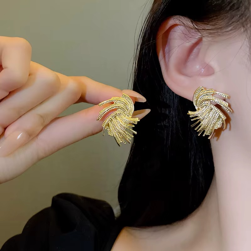 Gold-Tone Swirl Tassel Stud Earrings, Statement Fashion Jewellery