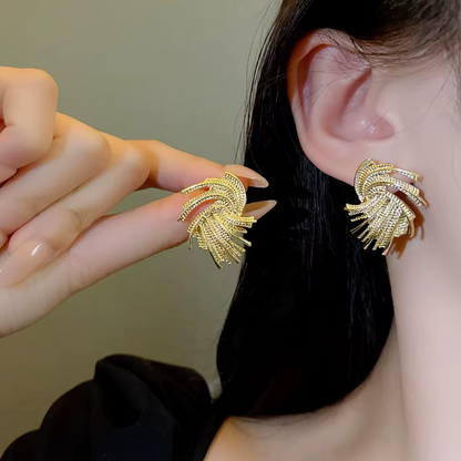 Gold-Tone Swirl Tassel Stud Earrings, Statement Fashion Jewellery
