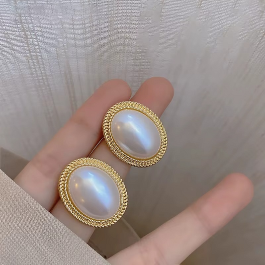 Oval Pearl Stud Earrings with Gold Textured Rope Border, Elegant Vintage Style