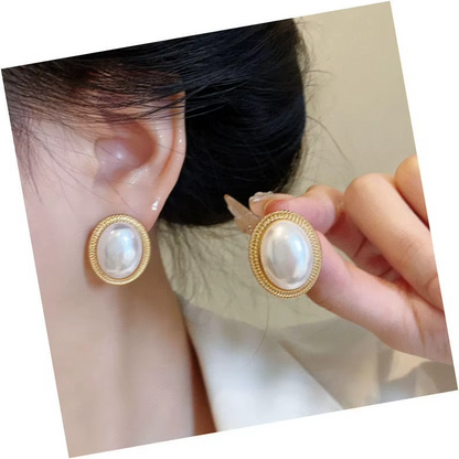 Oval Pearl Stud Earrings with Gold Textured Rope Border